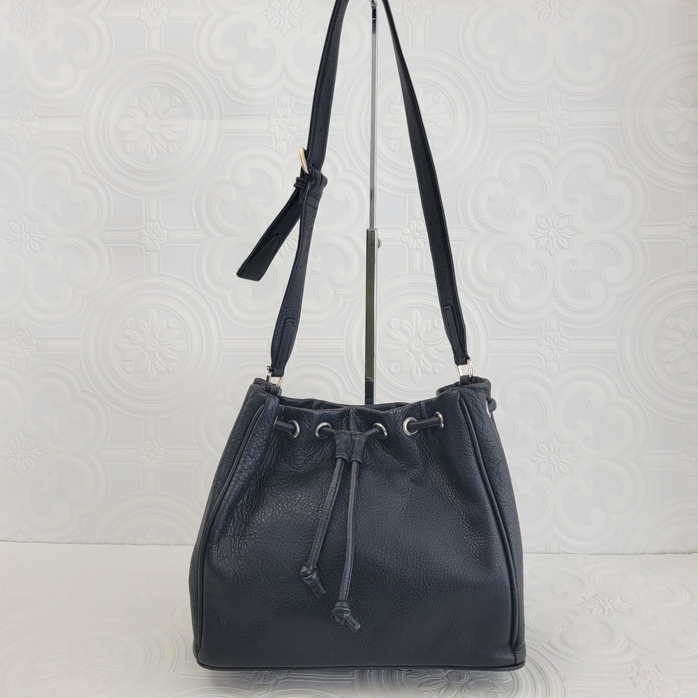 Vintage Talbots Black Pebbled Leather Bag Drawstring Bucket Bag Adjustable Strap